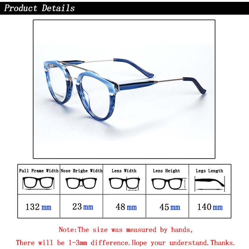 Retro Acetate Double Beam Transparent Glasses Women Men Myopia Glasses Frame Reading Glasses Frames Can Custom Prescription Lens