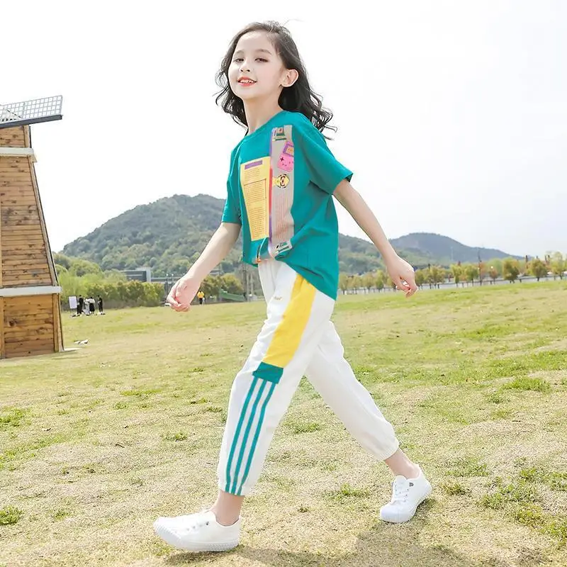 

2021 Summer Baby Girls Clothes Sets Outfits Kids Clothes Short Sleeve T-shirt Tops Sports Harem Pants for Children Clothing Sets