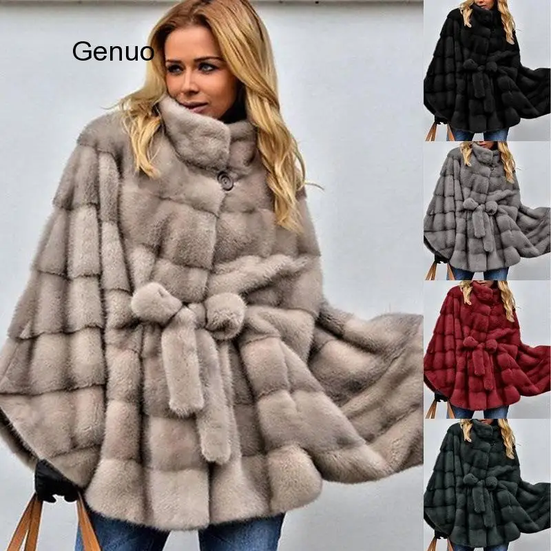 Elegant Belt Faux Fox Fur Coat Women Winter Fashion Medium Long Artificial Faux Fur Coats Lady Warm Fake Fox Fur Cloak Overcoats