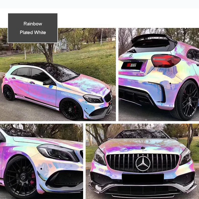 10Mx1.35M Holographic Rainbow Chrome White Car Body Vinyl Wrap PVC Decals Sticker Sheet Auto Styling Chameleon Film Roll