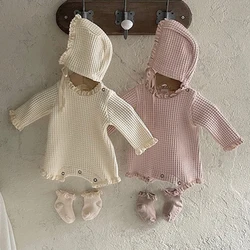 Korean Style Baby Girl Long Sleeve Bodysuits+Hat Waffle Lace Stitching Infant Baby Girls Jumpsuit Spring Autumn Baby Clothes