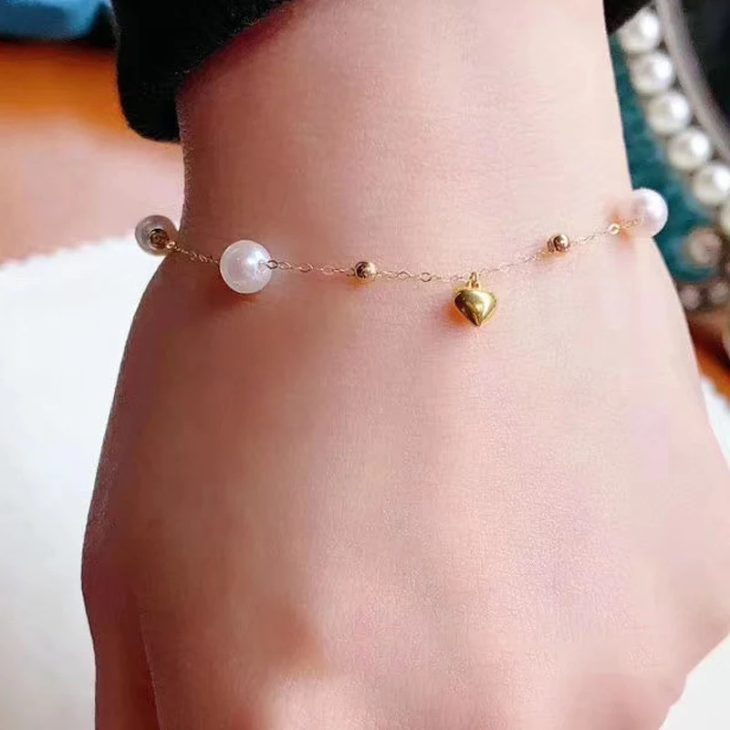 

XF800 pure 18K gold natural freshwater pearl bracelet AU750 round pearl 5-6mm women's exquisite jewelry party gift
