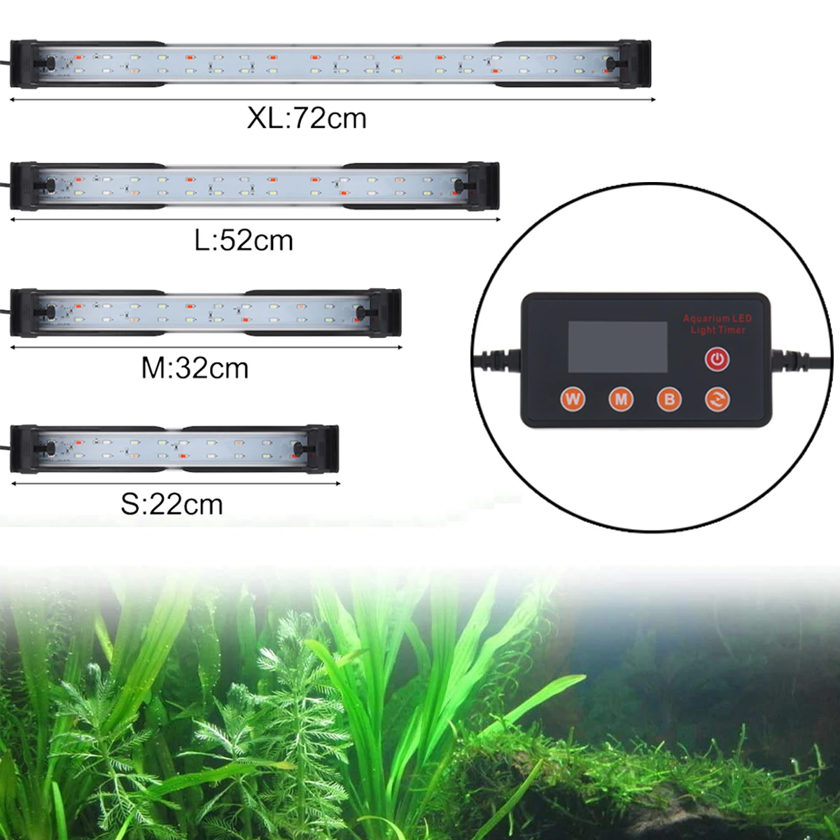 22-72CM Digital Display LED Fish Tank Lamp Adjusted Color Timed Plant Lights with Extendable Bracket for Aquarium Overhead Light