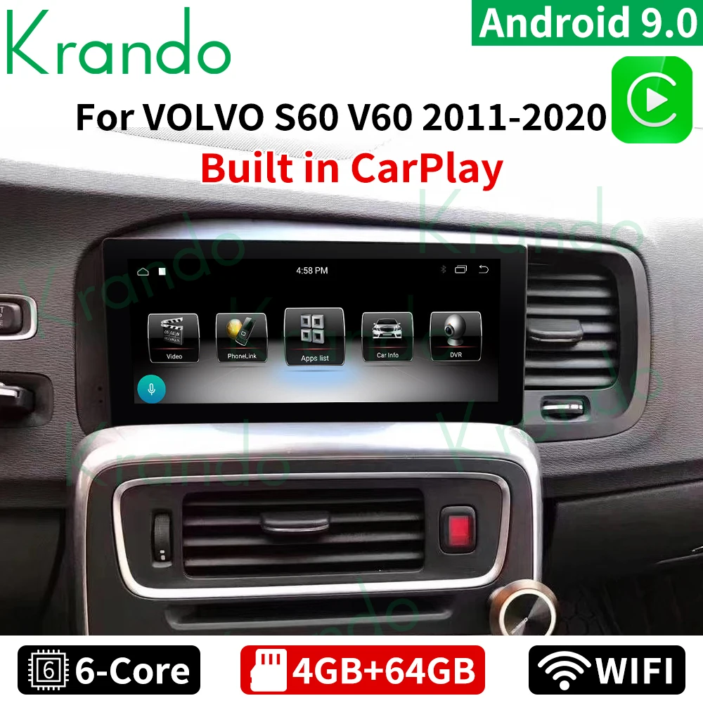 Krando Android 9.0 4G 64G Car Radio Multimedia Screen For Volvo S60 V60 2011-2020 Headunit GPS Audio Carplay Left Right Hand