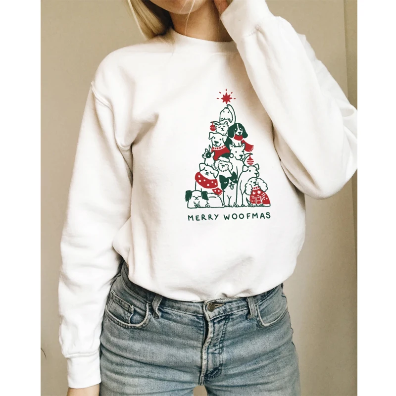 

Merry Woofmas Colored Printed Sweatshirt Funny Women Christmas Holidays Gift Pullovers Cute Dogs Graphic Sweatshirts Outfits