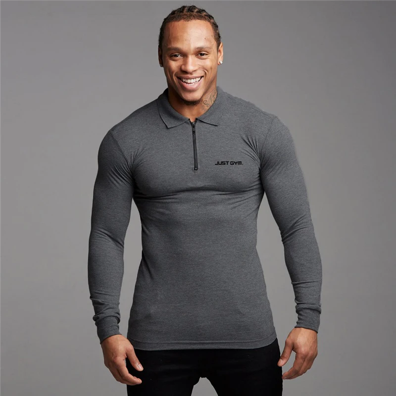 Polo Shirt Mens Gym Clothing Workout Polo Shirts Cotton Breathable Sports Long Sleeve tee Fashion Brand Bodybuilding Men\'s Polos