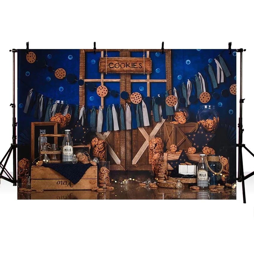 Mehofond Bánh Sữa Nền Chụp Ảnh Cửa Gỗ Xanh Dương Phông Nền Trẻ Em Sinh Nhật Photocall Studio Chụp Ảnh