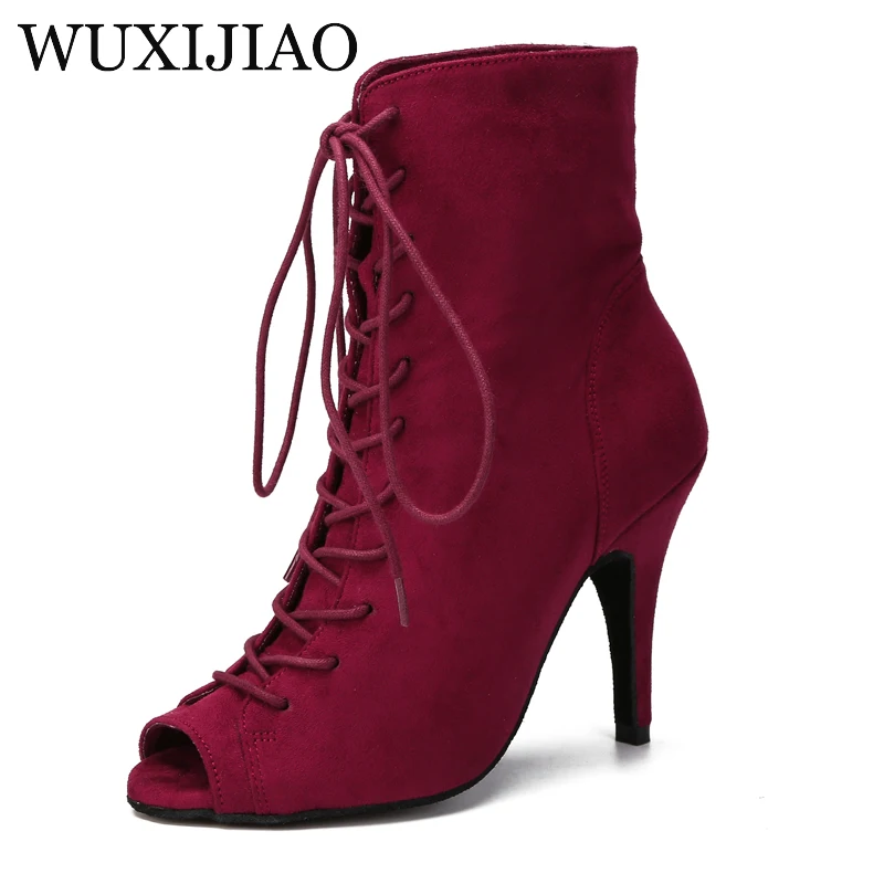 Wuxi jiao popular das mulheres quentes vermelho camurça latina dança salsa botas sapatos de treinamento palco desempenho festa sola macia