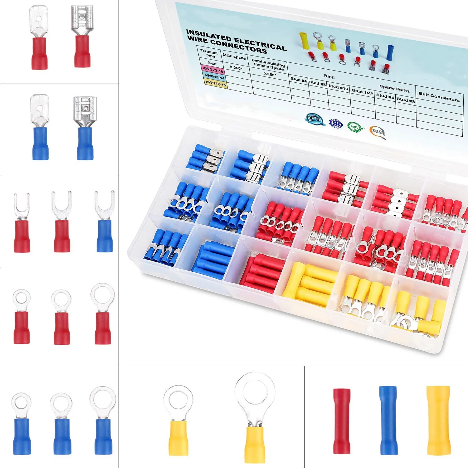 Electrical Insulated Wire Connectors Kit-Spade,Ring,Butt,Quick Disconnect,Forks Connector-Crimp Cable Butt Terminals