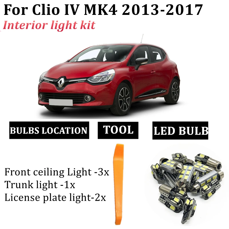 6x Canbus LED Interior Full LED pack kit for 2013-2017 Renault Clio 4 IV MK4 Car LED Ceiling map dome trunk Number plate light