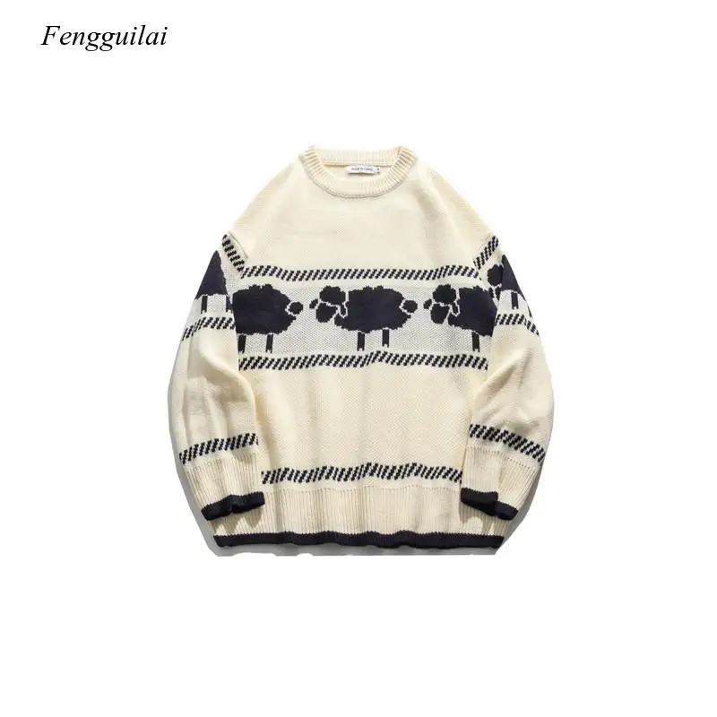 Pulover Leher Bulat Gambar Domba Katun Pasangan Longgar Sweter Fashion Korea Bf Pria Musim Gugur