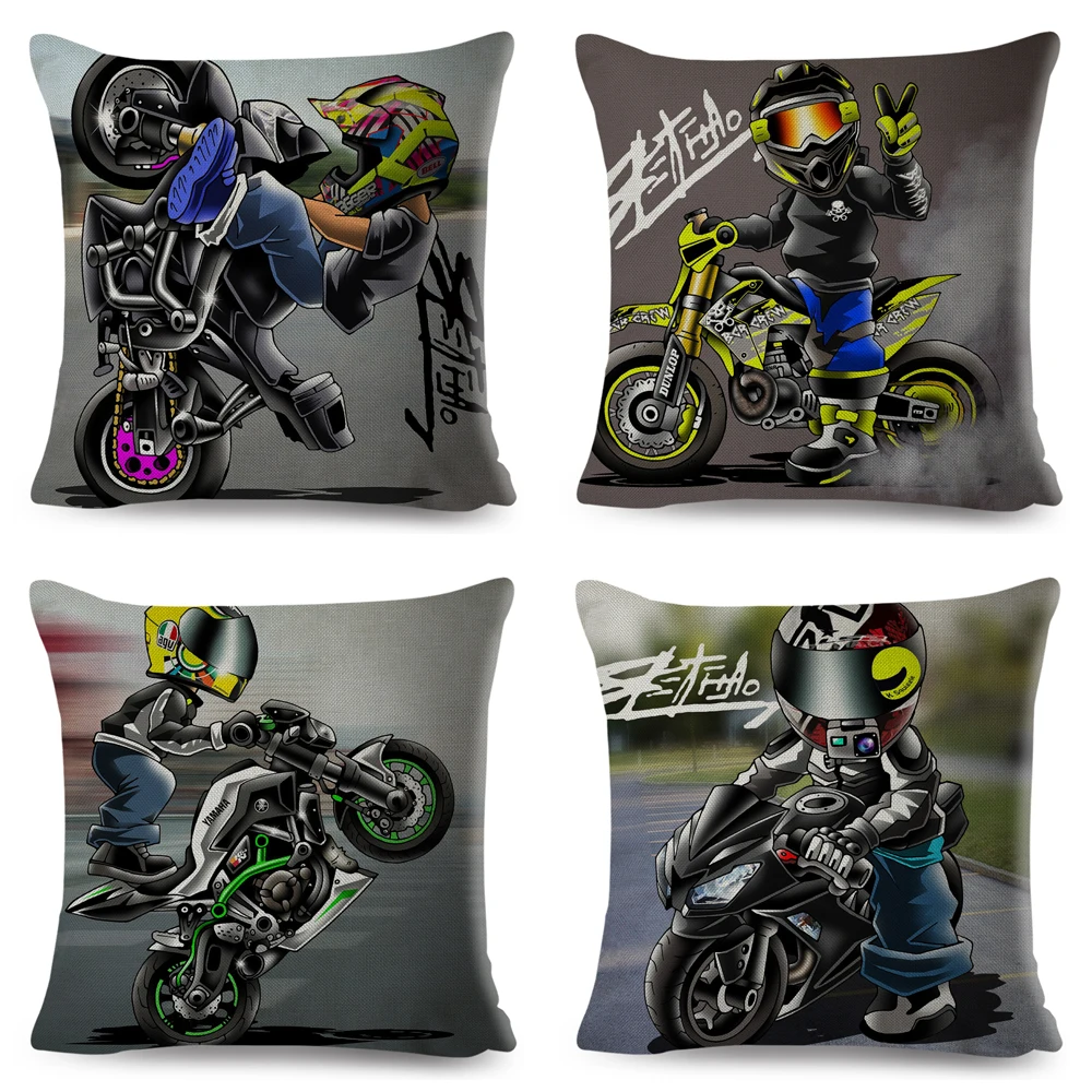 Cartoon Motorcycle Cushion Cover for Sofa Home Car Decorative Colorful Extreme Sport Mobile Bike Pillowcase Pillow Case 45x45cm