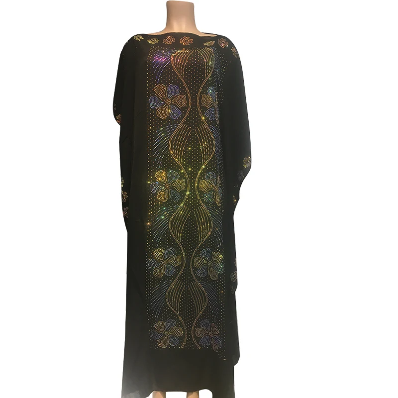 African Traditional Cultural Wear Kaftan Dresses Black Long Islam Clothes Diamond Inlay Jumpsuit Plus Size Cotton Robe For Women