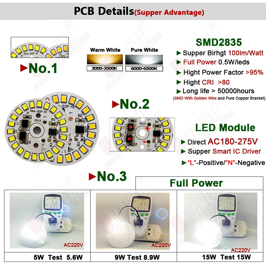 15W 44mm AC 220V pcb with integrated IC driver with 20cm wire, Driverless led bulb PCB board, Direct to AC 220V 3W 5W 7W 9W 12W