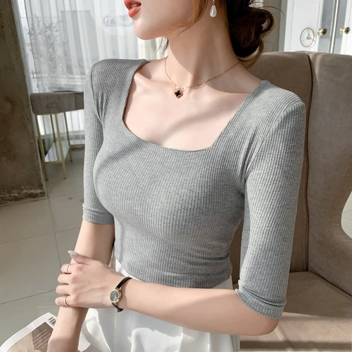 Camiseta de algodón ajustada de media manga con cuello cuadrado para mujer, Camisetas Básicas de verano sólidas de alta elasticidad, Tops cortos