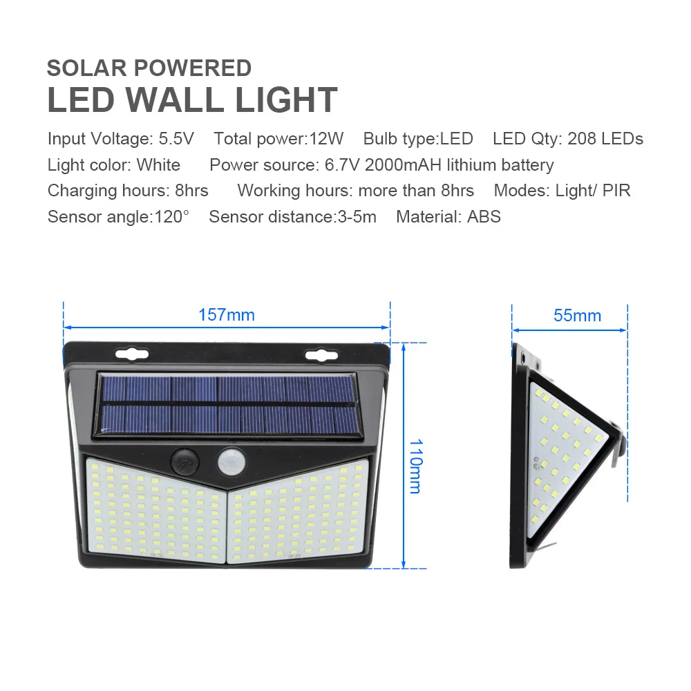 Solar Lights Motion Sensor 3 Modes 208 LED Outdoor Solar Powered Waterproof IP65 with Wide Angle for Garden Street Patio