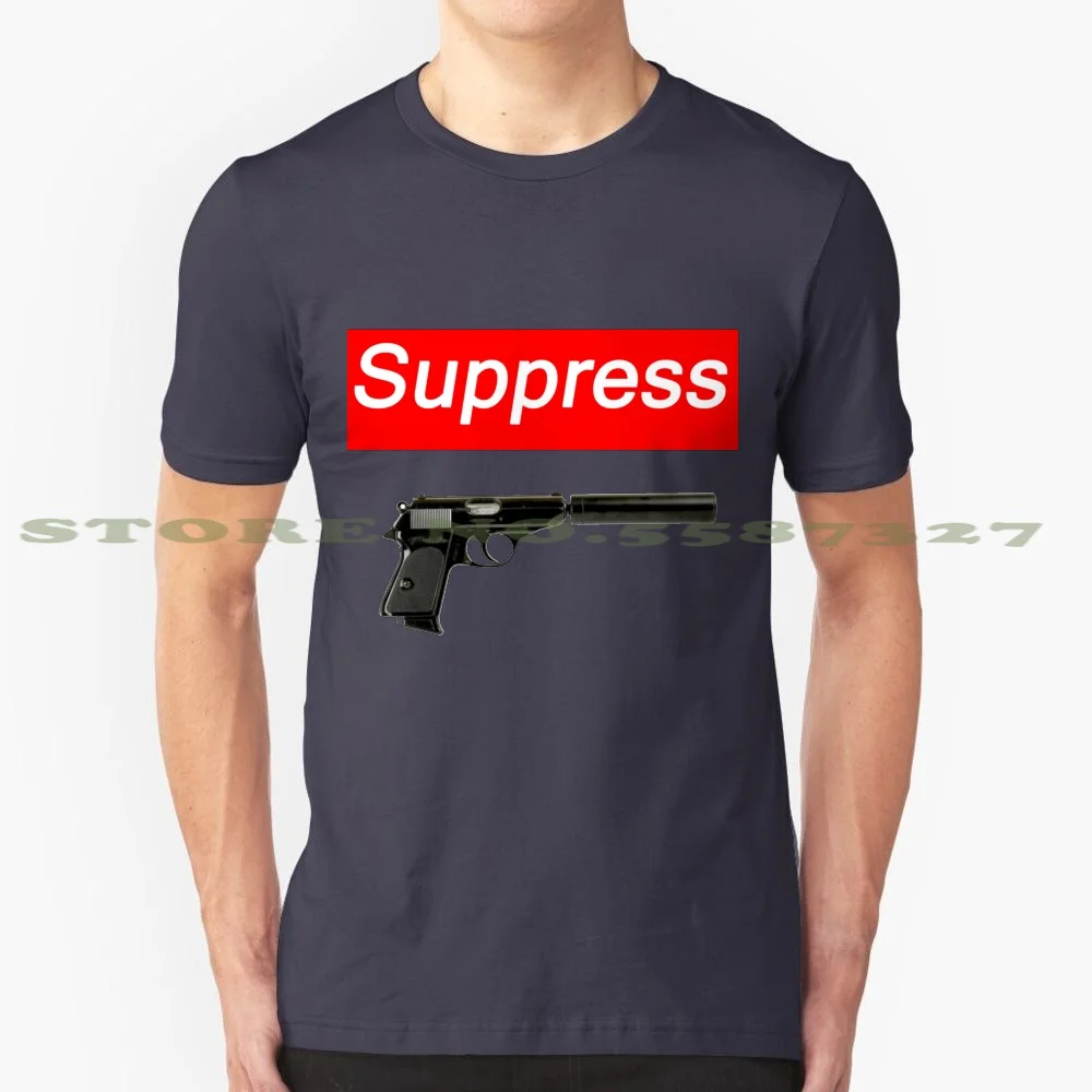 Suppress 100% Pure Cotton T-Shirt Cripsy Brand Logo Machine Guns Weapons Arms Shooting Shots Glocc Nine 9 Silencer Fire War