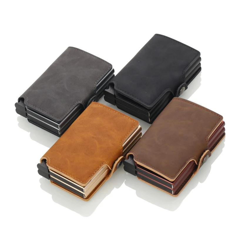 

Large Capacity RFID Blocking Men Business Credit Card Holder Metal RFID Double Aluminium Box Vintage Leather Travel Card Wallet