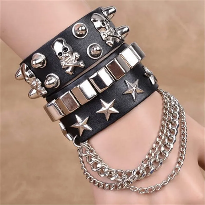 Black Leather Wristband Bracelet Cuff goth gothic punk bracelets women men metal armbands cosplay can be adjusted jewelry