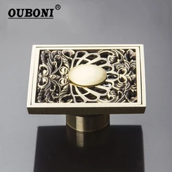 OUBONI Antique Brass Bathroom Floor Drain Flower Carve Balcony Square Drain For Washing Machine Drain Filler 10*10 cm