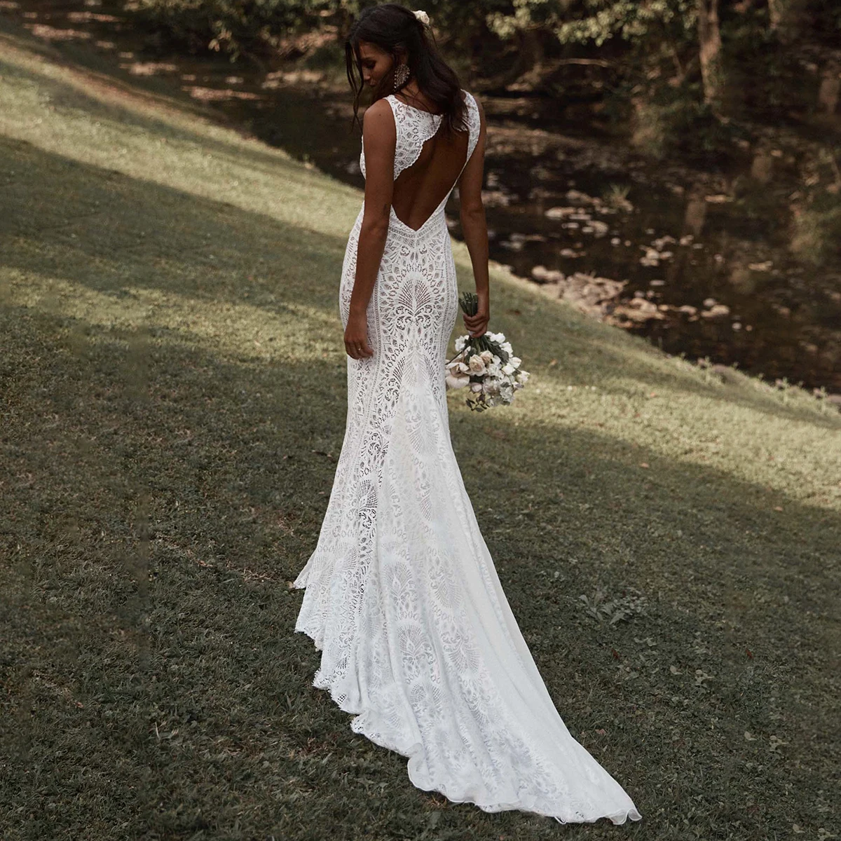 Geometric Lace Mermaid Low V Neck Wedding Gown Customized Rustic Romantic Chiffon Plus Size Long Train Open Back Bridal Dress