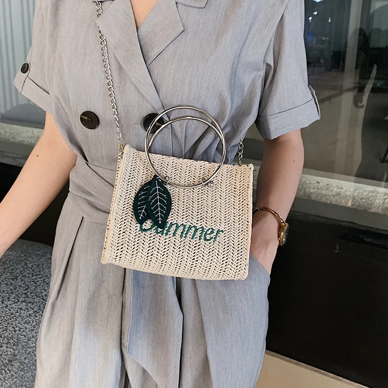 Sac à main carré bohème en rotin tissé pour femmes, sacoche en paille décontractée, petit sac à main de plage d'été WUNICEF