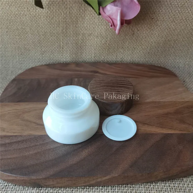 Empty Cream Jar Wholesale 15g 50g White Porcelain Glass Jar with D ark Wood Lid Cover Cosmetics  Jar Cream Container Eye Cream