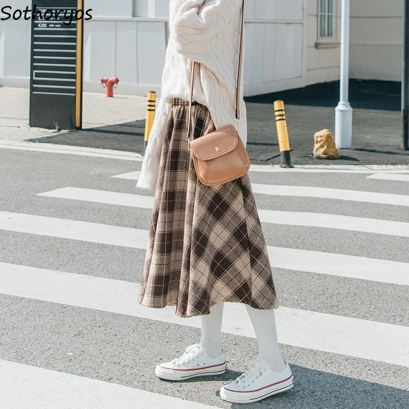 

High Waist Fall Winter Plaid Skirts Women Tender Vintage Woolen A-line Loose Mid-calf Preppy Street Chic Simple Teen Girls Cozy