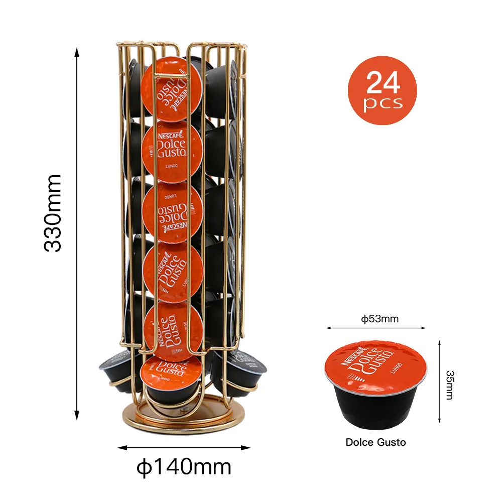 New Gold 24Cups Rotatable Coffee Pod Holder For Dolce Gusto Capsule Display Capsule Rack Tower Stand Storage Shelves