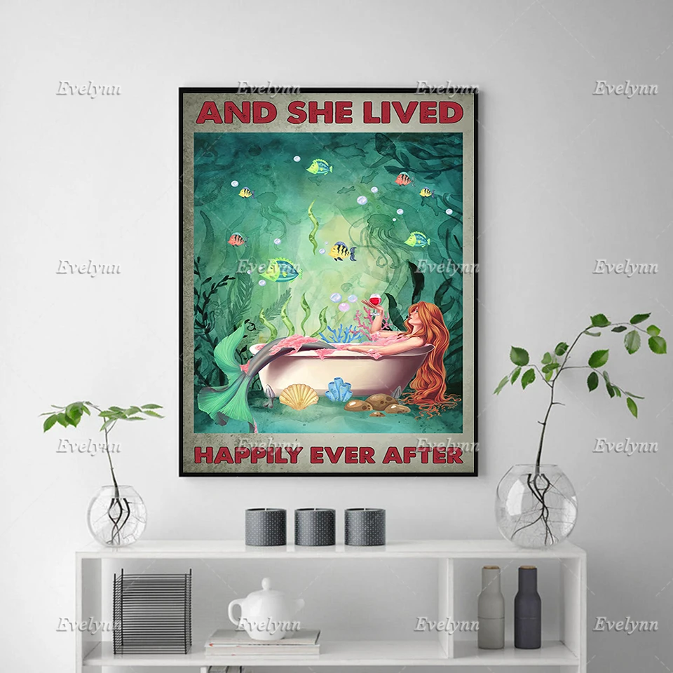 Mermaid And She Lived Happily Ever After Poster, Summer Time Mermaid Wine Wall Art Prints Home Decor Canvas Gift Floating Frame