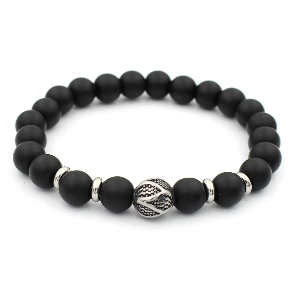 Fashion Stainless Steel Ball Bead Charms 8mm Black Stone Stretch Bead Bracelet For MEN&WOMEN