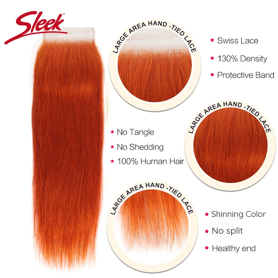 SLEEK Mink สีส้มและสีแดงสีบลอนด์บราซิลตรงรวมกลุ่มกับลูกไม้ปิด 8-28 นิ้ว Remy Human Hair สาน Bunldes