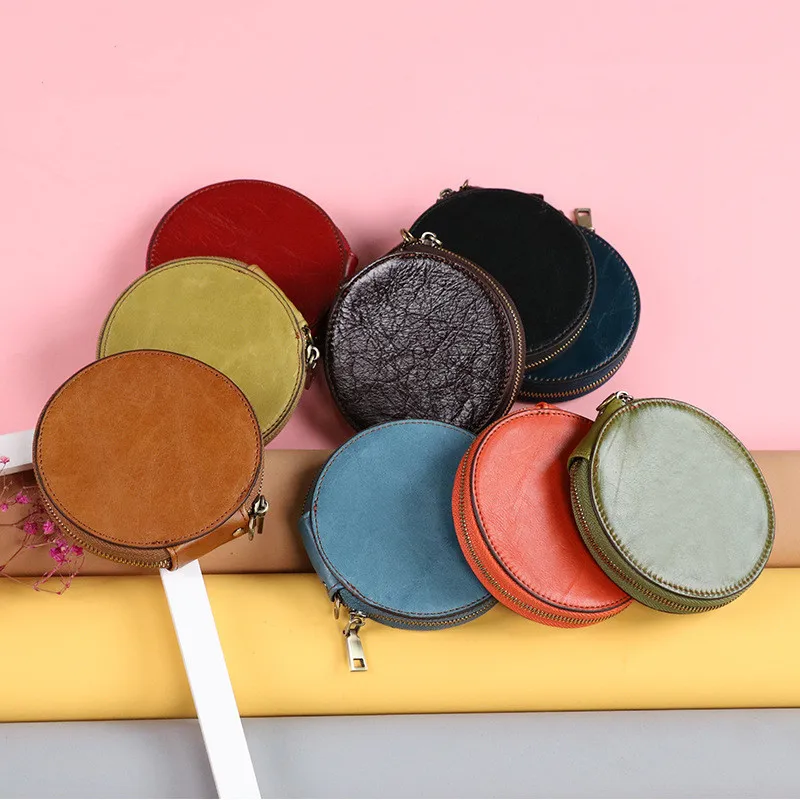 Retro Round Genuine Leather Coin Wallet Pouch Small Mini Women\'s Zipper Purses Wristlet Clutch Bag Children Key Holders Handbags