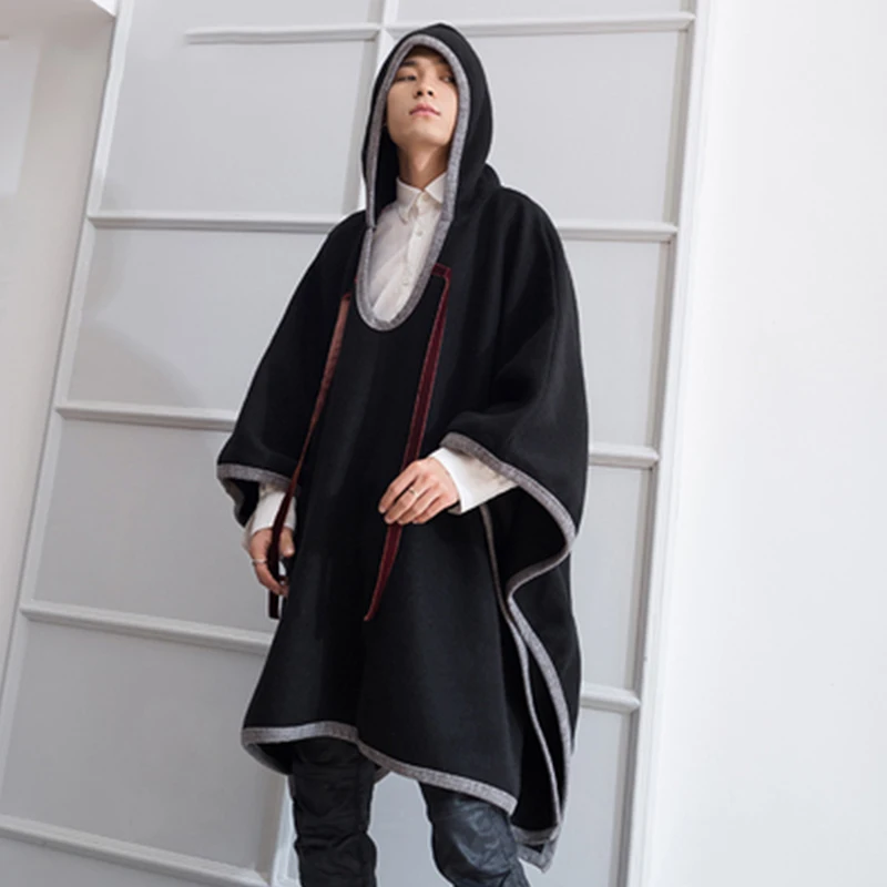 M-4XL autumn and winter trend male loose personality cloak cloak in the long woolen coat woolen hair stylist thick coat hooded