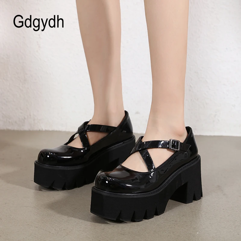 Gdgydh Patent Leather Mary Jane Shoes Women Japanese Platform High-Heeled School College Shoes For Girls Cross Strap Buckle