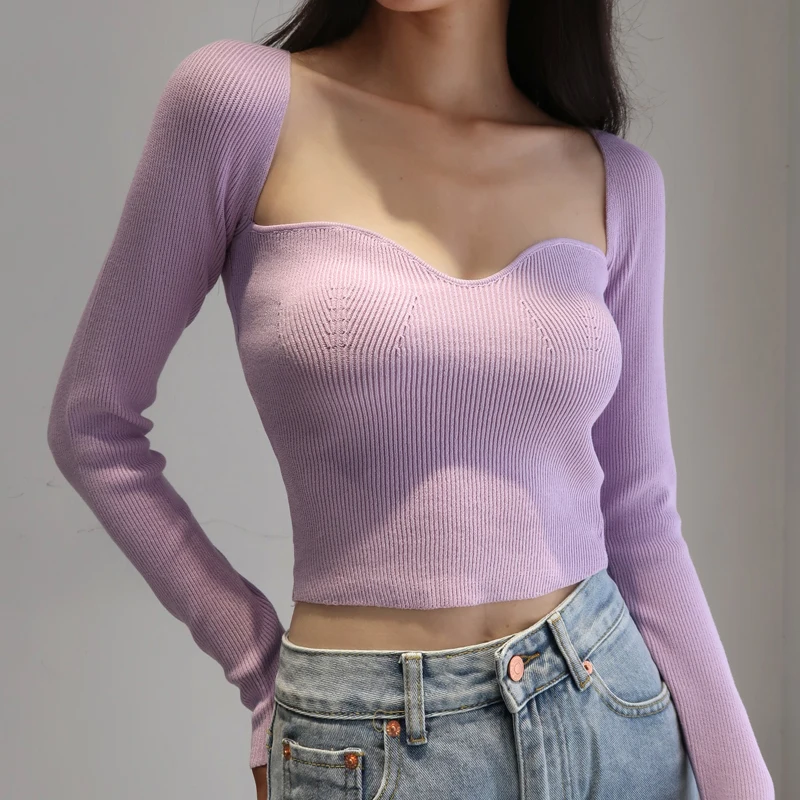 Autumn Knitted Sweaters Women Low-Cut V-Neck Cropped Sexy Bottoming Slim Fit Pullovers Women 2021 Solid Knitwear Female Jumper