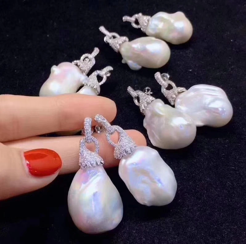 one pair  zircon and white freshwater pearl reborn keshi drop  hook earrings FPPJ wholesale beads for xmas gift