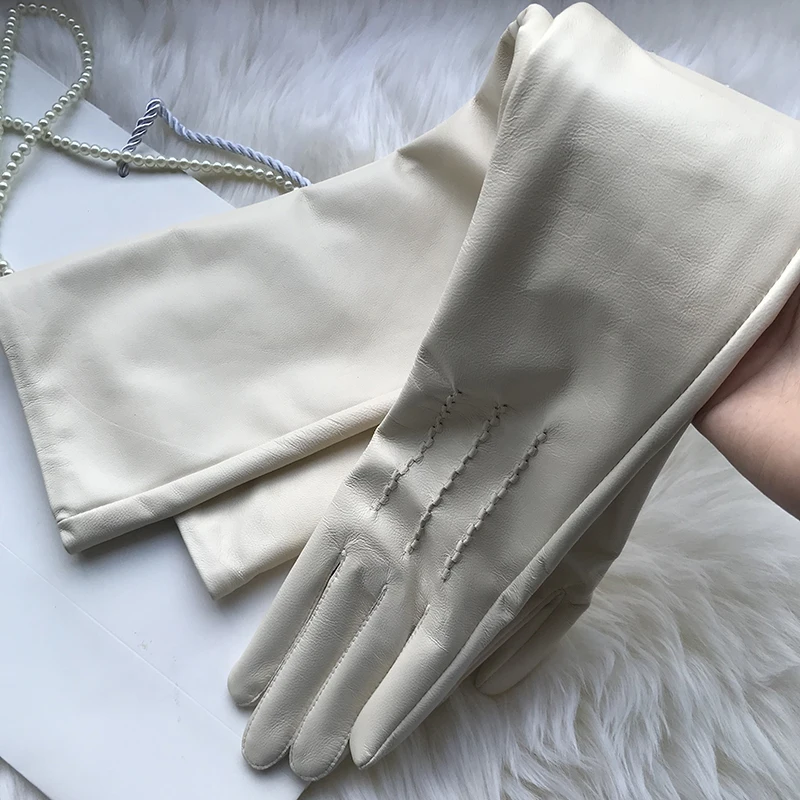 Guantes de piel de oveja para mujer, manoplas largas bordadas, coderas, Mangas de brazo, cuero genuino para mujer, guantes finos de moda