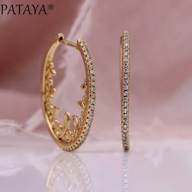 PATAYA New Hollow Lace Circle Drop Earrings 585 Rose Gold Color Women Fine Wedding Earrings White Natural Zircon Fashion Jewelry