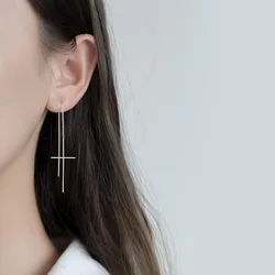Trend Styles Women 925 Sterling Silver Smooth Long Tassel Line Cross Drop Earrings Luxury Jewelry New 2020 Fine Jewelry