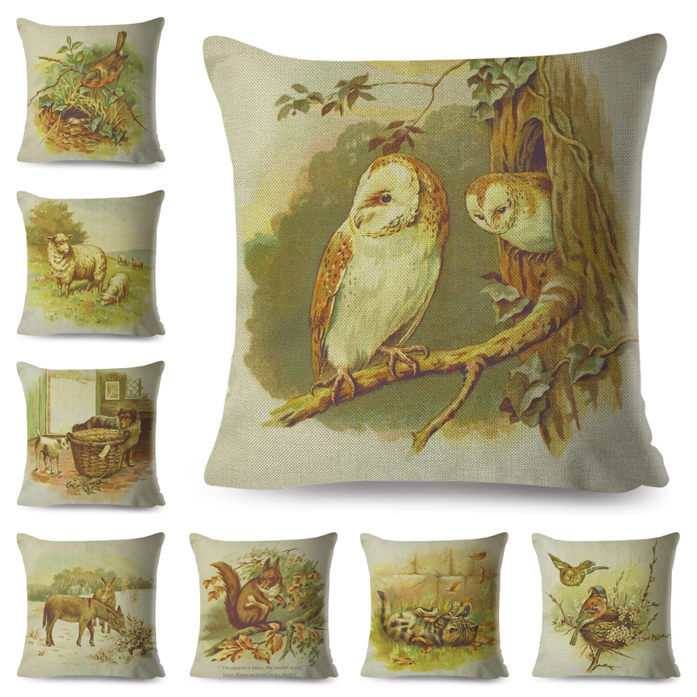 Vintage Cartoon Animal Cushion Cover for Sofa Children Room Home Decor Dog Sheep Owl Bird Cat Pillowcase Polyester Pillow Case