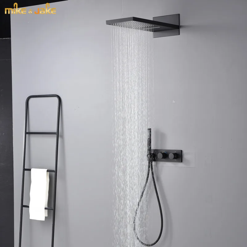 

Wall brass top ceiling black shower set thermostatic bath rainfall bath shower set bathroom matt black constant shower mixer