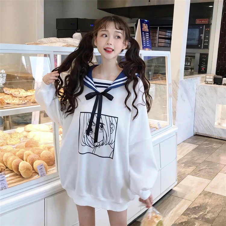 Kawaii Sweet Girls Winter Hoodies Comic Printed Sailor Collar Oversized Sweatshirt Soft Bestie Sisters Cute Maxi Long Loose Tops