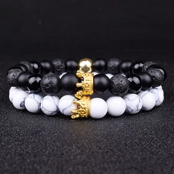 2pcs Charm Paired Bracelets Men Sets Crown Women's Bracelets Natural Stone Beads Wristband Couple Bracelet Gifts Friends Jewelry