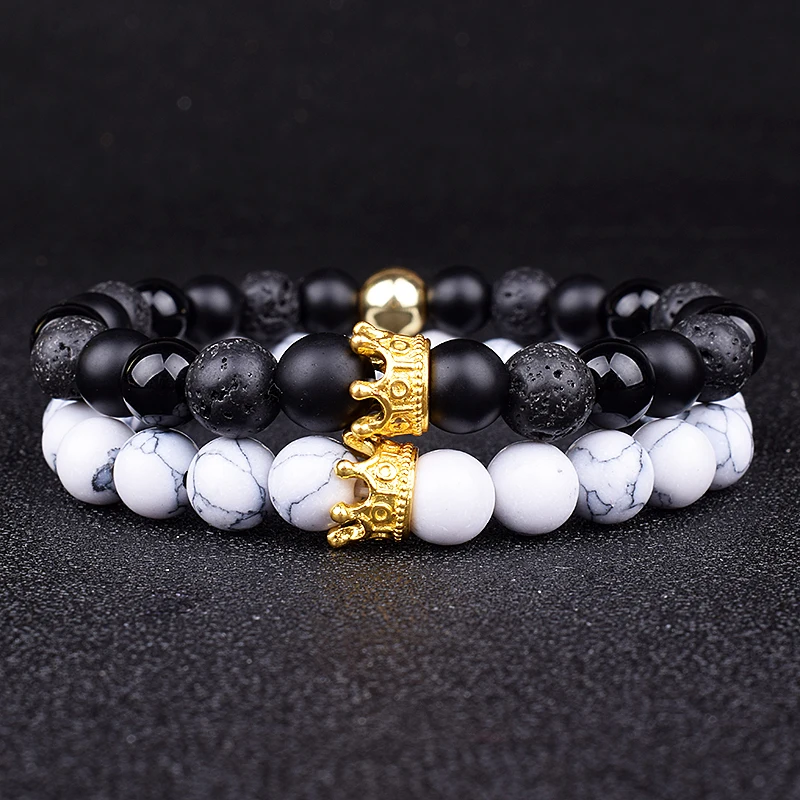 2pcs Charm Paired Bracelets Men Sets Crown Women's Bracelets Natural Stone Beads Wristband Couple Bracelet Gifts Friends Jewelry