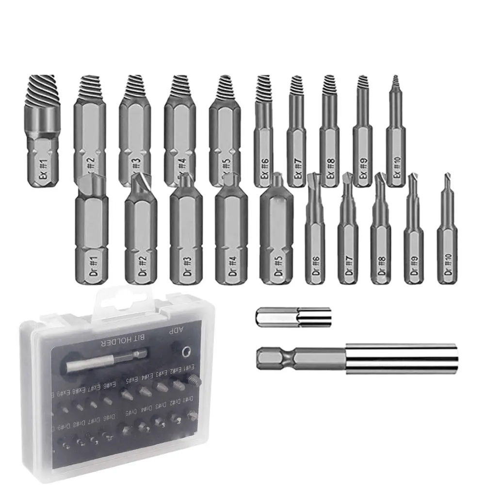 22pcs HSS Damaged Screw Extractor with Plastic Box Screw Extractor Screwdriver Drill Bits Broken Bolt Stud Remover Tools