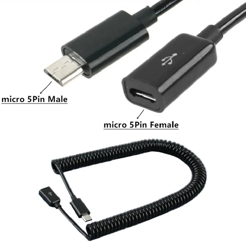 Micro USB Female to Micro USB Male F/M Extension Extender Date Charging Short Cable Black Charging Spiral Cable Cord 250cm 2.5m