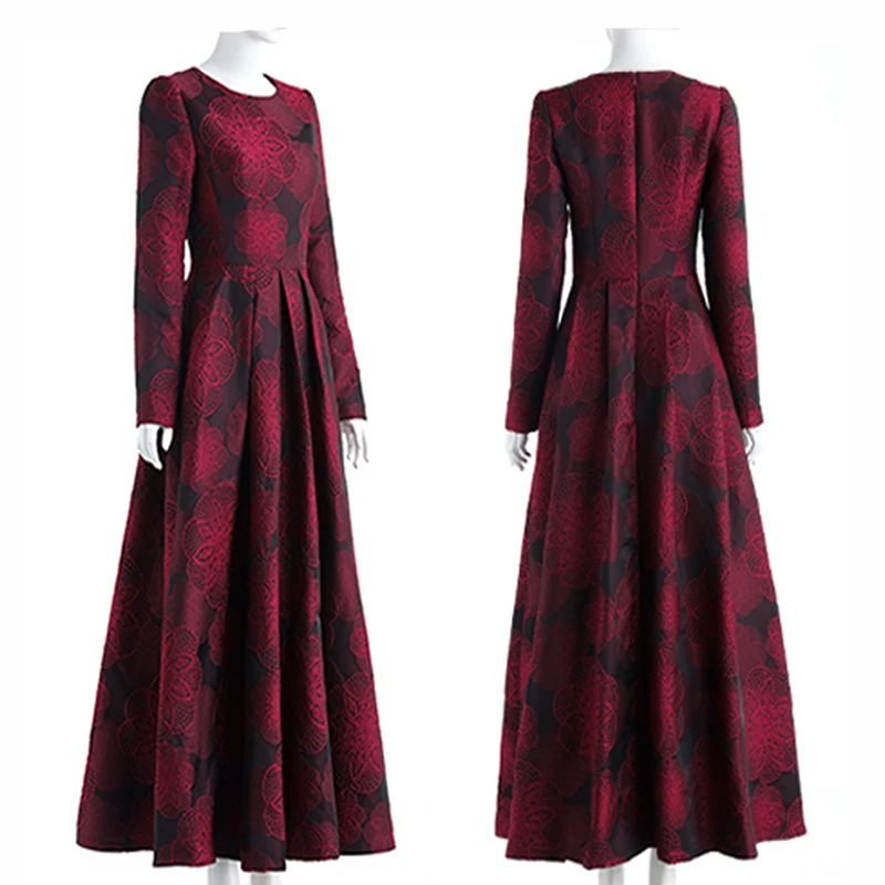 Imagem -06 - Vestido Maxi de Manga Longa para Mulheres Jacquard Floral Bordô Abaya Vintage Feminino Outono e Inverno Elegante e Boho