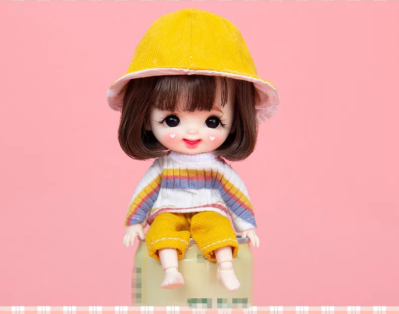 OB11 doll dress fashion round collar striped sweater + simple joker pants + yellow fisherman hat new three-piece set