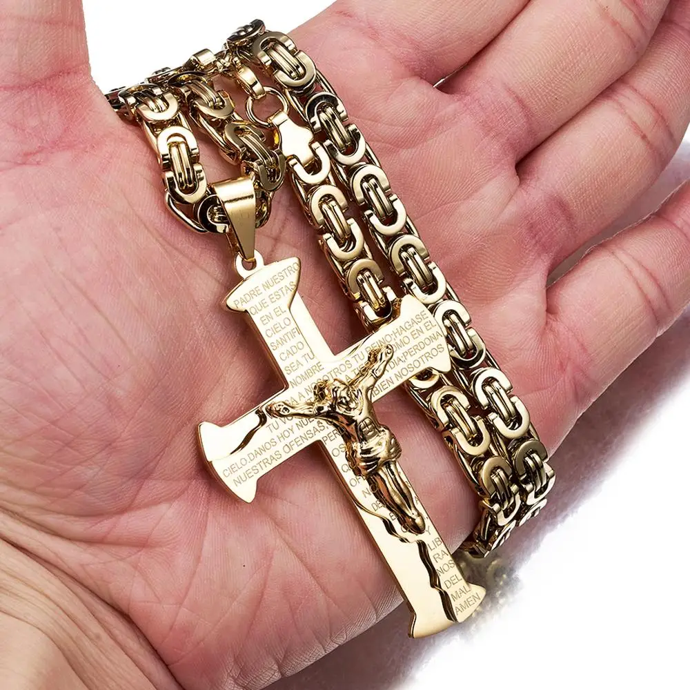 

Rock Hip Hop Men's Bible Jesus Cross Pendant Necklace 316L Stainless Steel Byzantine Box Chain Jewelry Gift